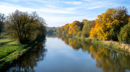 Fototapeta premium Autumnal Scene Of A Tranquil River Flowing Between Trees With Colorful Foliage Under A Blue Sky