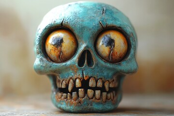 Unique blue decorative skull with exaggerated features on a textured surface creates a captivating focal point
