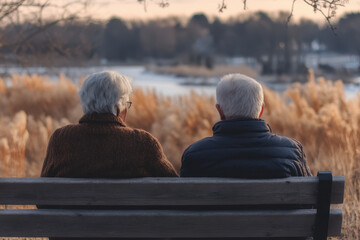 Older couple on bench overlooking lake. Serene expressions, hands intertwined. Peaceful scenery, autumn leaves in background.