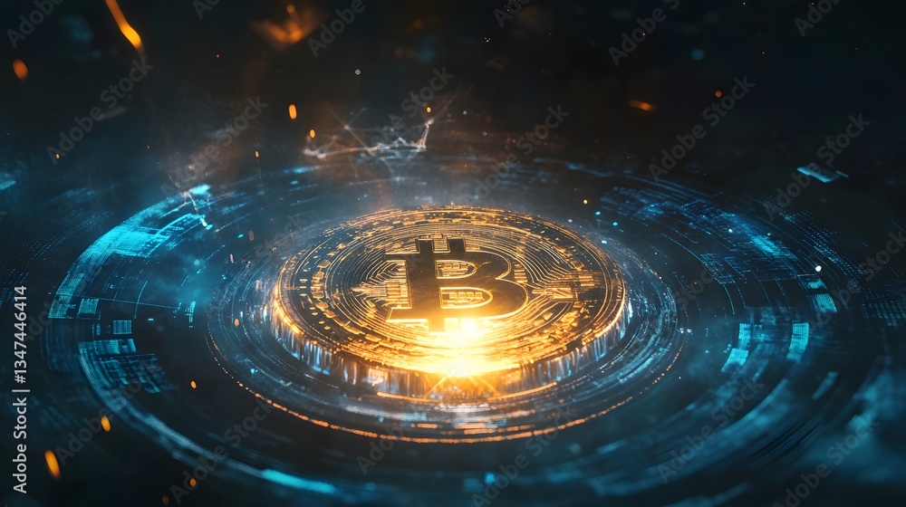 Poster a captivating digital depiction of a glowing bitcoin symbol, at the center of an abstract, futuristi