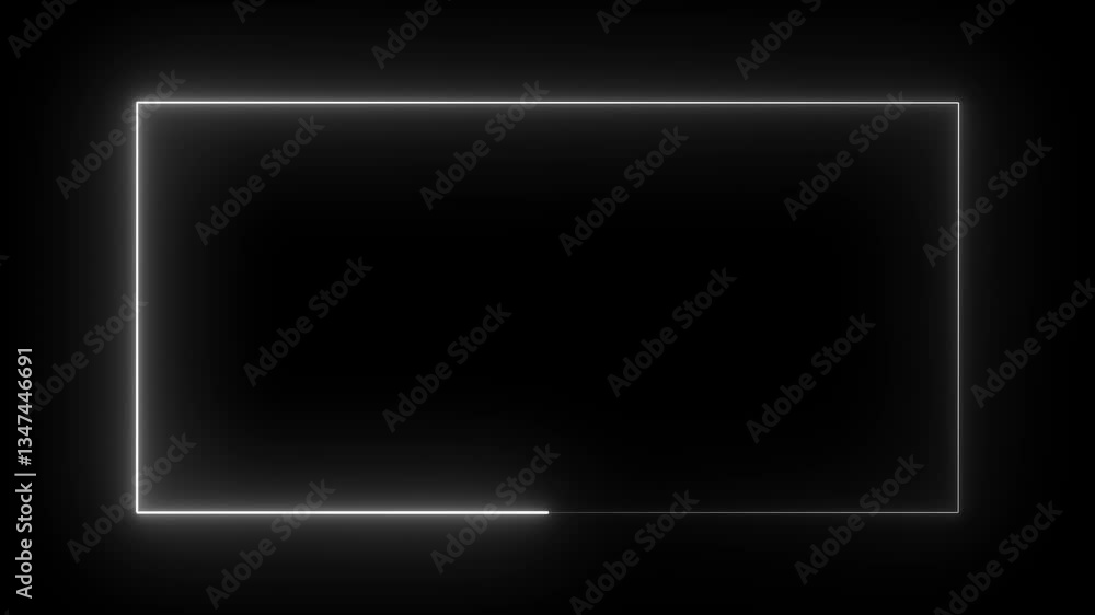 Poster minimal glowing white neon frame animation on black background seamless loop.