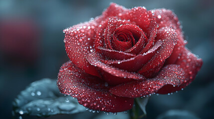 Closeup Of Red Rose With Dew Drops