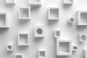 Abstract 3D render of white geometric shapes, cubes and squares on a white background.