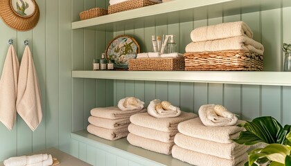 An exceptional transformation of a coastal-inspired bathroom featuring ocean-themed decor, seafoam green accents, and soft sandy beige towels on open shelves. (2), making it one of a kind.