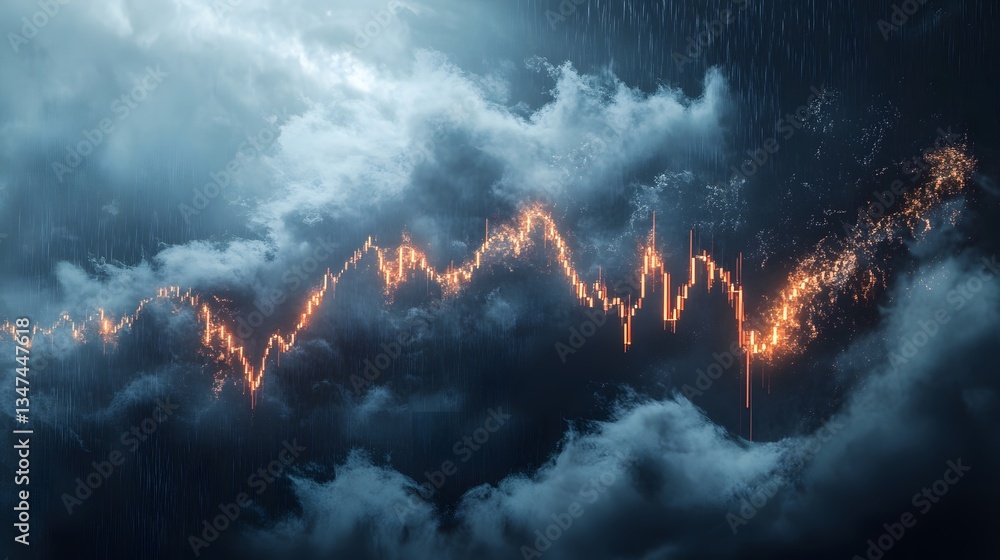 Poster a fluctuating graph of stock market value that is lightning and dark clouds