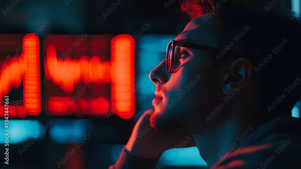 Poster a man focused on computer screens with charts and data. the scene has a cool, blue and red color sch