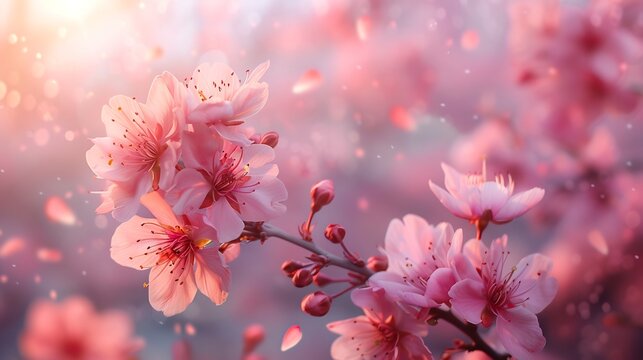 Soft pink cherry blossoms falling a tranquil pastel sky delicate petals drifting in the breeze gentle and romantic perfect for greeting cards wedding themes and text overlay