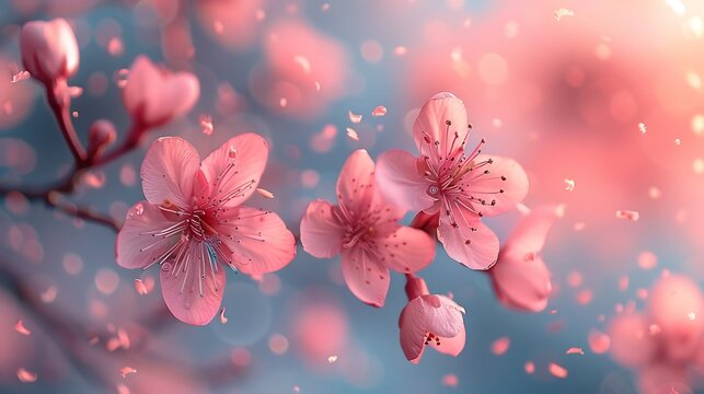 Soft pink cherry blossoms falling a tranquil pastel sky delicate petals drifting in the breeze gentle and romantic perfect for greeting cards wedding themes and text overlay - Powered by Adobe