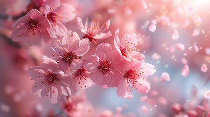 Soft pink cherry blossoms falling a tranquil pastel sky delicate petals drifting in the breeze gentle and romantic perfect for greeting cards wedding themes and text overlay