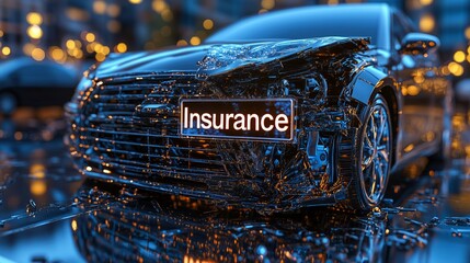 Conceptual photo, wrecked car In a modern, technological style, with text 'Insurance'. Shows how important it is to think about the consequences before getting behind the wheel.