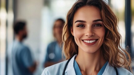 Fototapeta premium Smiling female doctor or nurse portrait, healthcare professional in scrubs, medical team in background, confident and friendly expression, healthy lifestyle concept