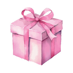 Obraz premium Pink box with a ribbon on top. The ribbon is pink and tied in a bow. The box is white.