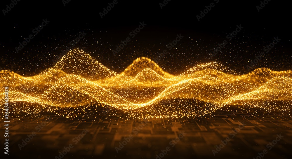 Aufkleber golden particle waves flowing glittering on circuit board base high resolution