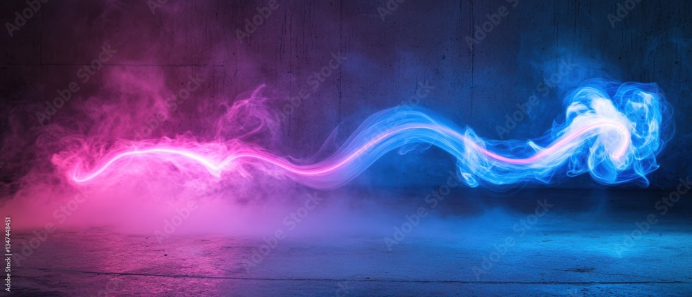 Poster abstract neon light streak with pink and blue smoke effect against a concrete wall, creating a futur