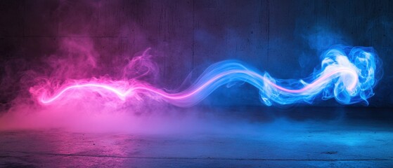 Fototapeta premium Abstract neon light streak with pink and blue smoke effect against a concrete wall, creating a futuristic and dynamic background for technology or design concepts