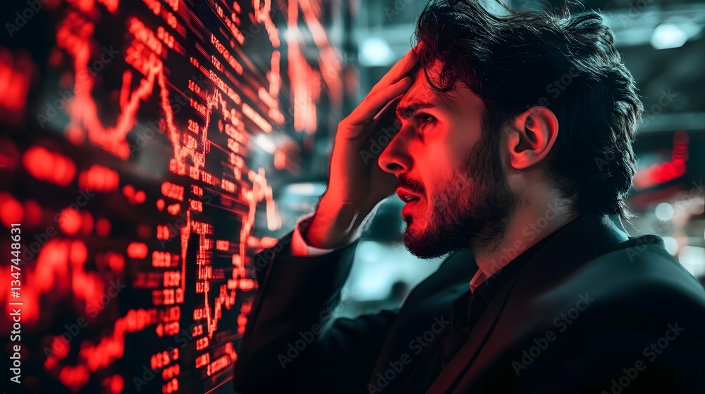 Aufkleber a man looking stressed while looking at a financial data display. the data is highlighted in red, si