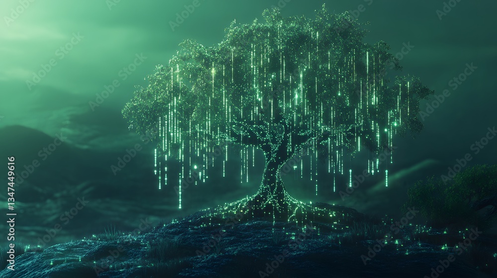 Poster a mystical tree with luminous, flowing light. the scene is set against a backdrop of a foggy ocean, 