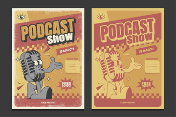 retro 30s-style podcast show poster with a cartoon microphone mascot character, vector illustration
