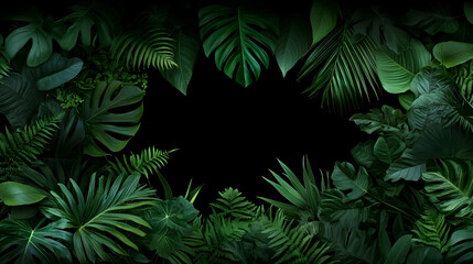 Dense Green Tropical Foliage Frame Border Against Black Background with Various Leaf Types and Lush Vegetation