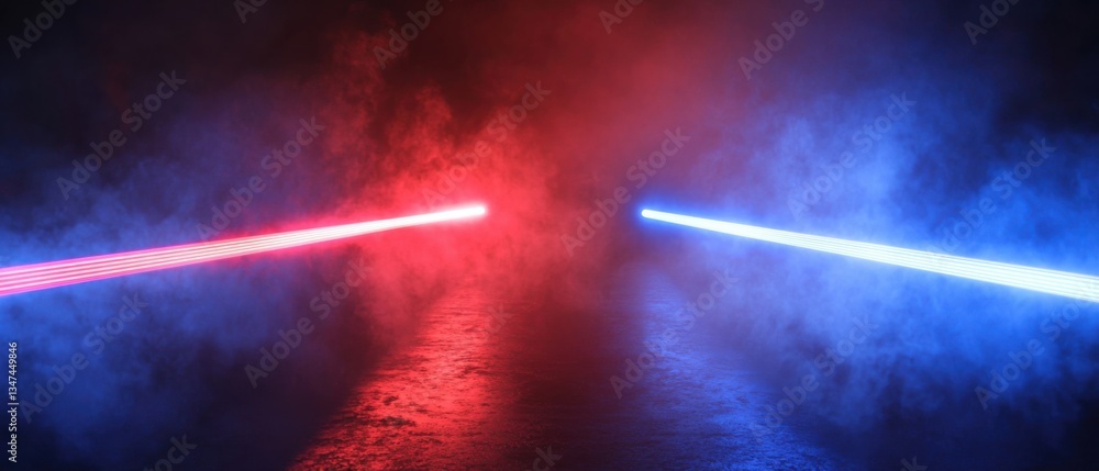 Poster futuristic laser beams in red and blue with smoke effect, creating a dynamic and vibrant abstract ba