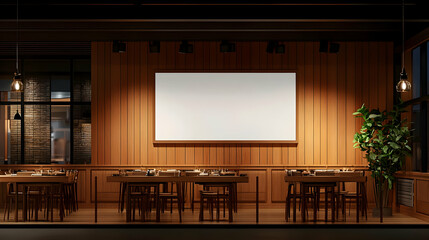 Empty Wooden Restaurant Interior At Night With Blank Poster