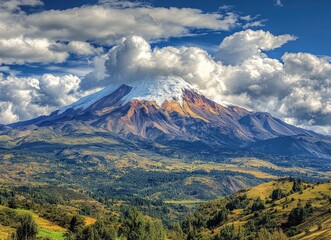 Fototapeta premium Snow Capped Mountain with Green Valley and Cloudy Blue Sky View