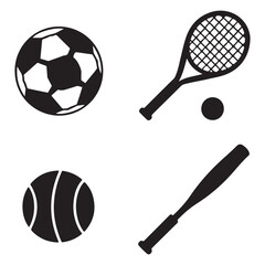 Sports equipment illustrations include soccer balls tennis racket baseball bat and balls