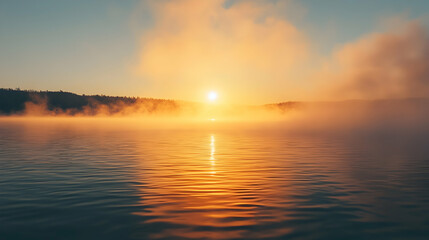 Naklejka premium Golden Sunrise Over Misty Lake