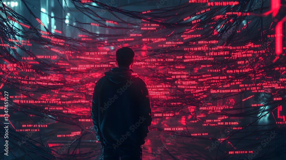 Poster a person standing, gazing into a futuristic digital network with red light and data streams