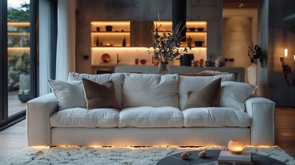 Soft white velvet sofa warm ambient lighting luxury interior setting with open space
