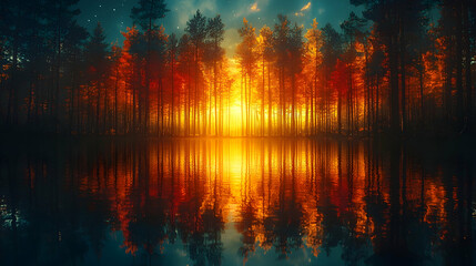 Obraz premium Golden Sunset Reflection On Forest Lake