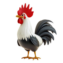 Fototapeta premium A digitally illustrated rooster with a striking red comb, black and white feathers, and a detailed, cartoon-like design on a white background