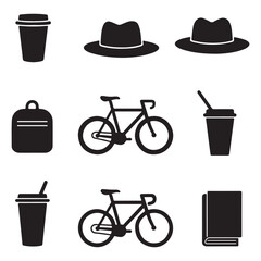 Collection of silhouettes including coffee cups, hats, bicycles, backpacks, and a book.