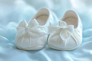 White baby shoes on a blue blanket.
