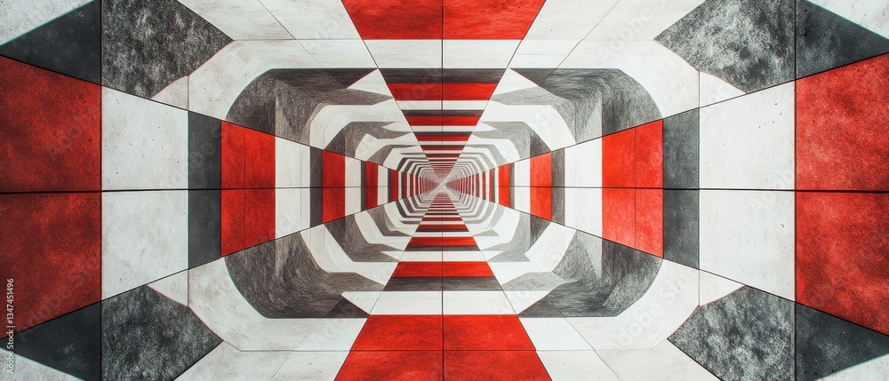 Poster abstract geometric pattern with red, white, and gray colors creating an optical illusion of a tunnel