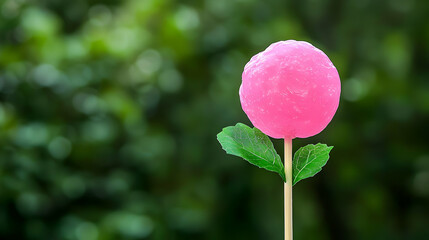 Close Up Of A Pink Candy Flower With Green Leaves And A Natural Green Blurred Background