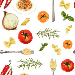 pasta with tomato and basil Illustration pasta set cooking restaurant Spaghetti, seamless fabric pattern