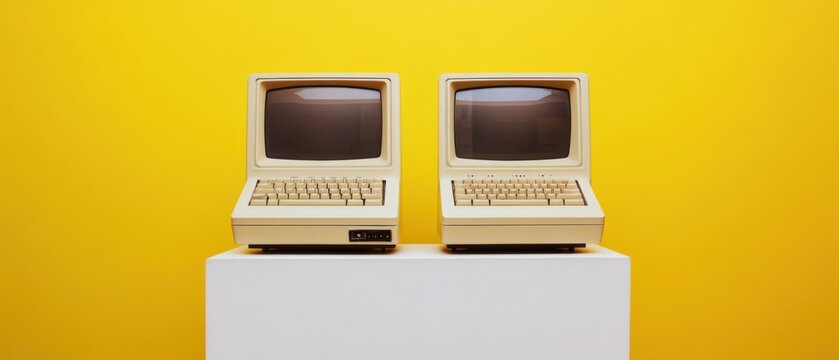 Two Vintage Personal Computers on White Pedestal Against Yellow Background Concept of Retro Technology, Nostalgia, and Obsolete Computing