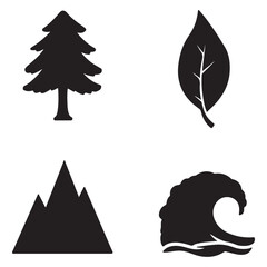 Elements of nature: tree, leaf, mountainand ocean waves in black silhouettes