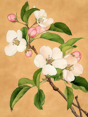 Fototapeta premium A beautifully detailed botanical illustration of apple blossoms with soft pink and white petals, green leaves, and buds on a warm-toned background