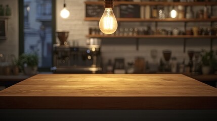 Warm Lighting Illuminates Empty Wooden Table in Cozy Cafe