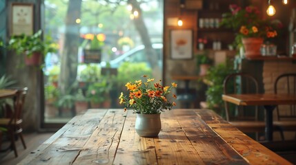 Soft focus background of cozy caf setting with an empty table inviting warm tones and ample copy space
