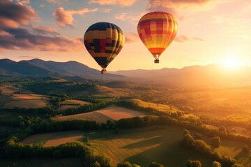 Fototapeta premium Hot air balloons soar over picturesque countryside during sunset in a tranquil landscape