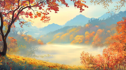 Golden and crimson leaves swirl in crisp air as morning fog blankets the horizon, crafting a picturesque autumnal panorama.