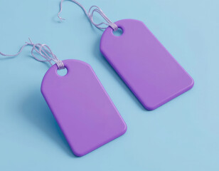 Fototapeta premium Two Blank Purple Price Tags on Light Blue Background for Labels