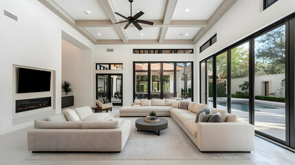 Modern Living Room Interior With White Walls Beige Sectional Sofa And Black Accents With Floor To Ceiling Windows