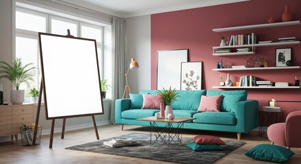 Modern Living Room Interior Design with Blank Canvas Mockup Teal Sofa, Pink Accents, and Bookshelves
