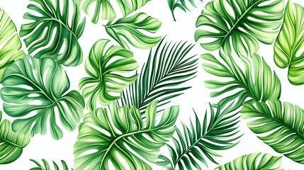 Fototapeta premium Seamless pattern of tropical green leaves on a white background