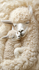 A heartwarming close-up image of a mother alpaca embracing her baby.