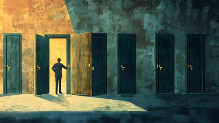 a person standing in front of an open door, with several other closed doors representing choices and decisions
